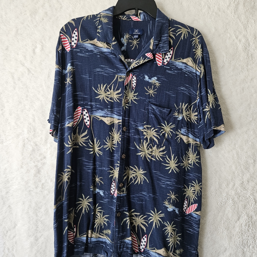 George Navy Tropical Palm-Print Short Sleeve Button-Down Shirt